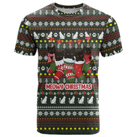 Black Cats in Stockings T Shirt with Meowy Christmas Quote on Festive Pattern Design - Wonder Print Shop