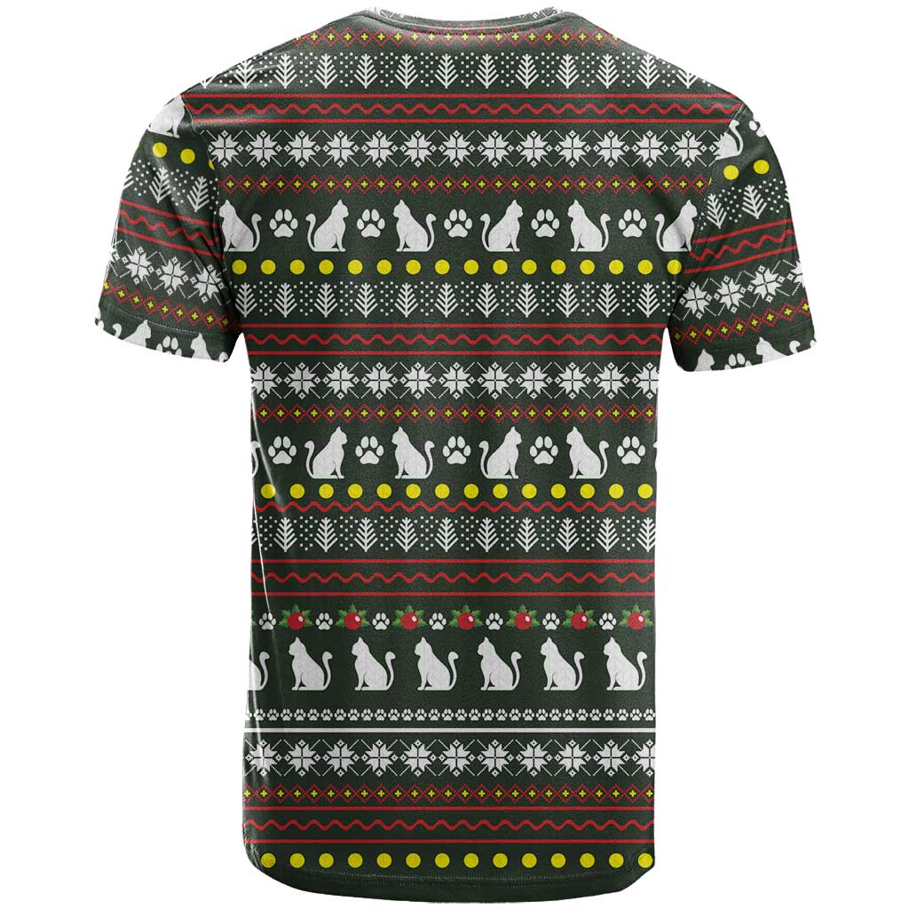 Black Cats in Stockings T Shirt with Meowy Christmas Quote on Festive Pattern Design - Wonder Print Shop