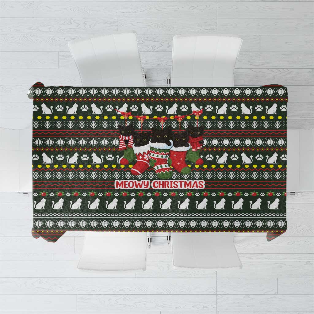 Black Cats in Stockings Tablecloth with Meowy Christmas Quote on Festive Pattern Design - Wonder Print Shop