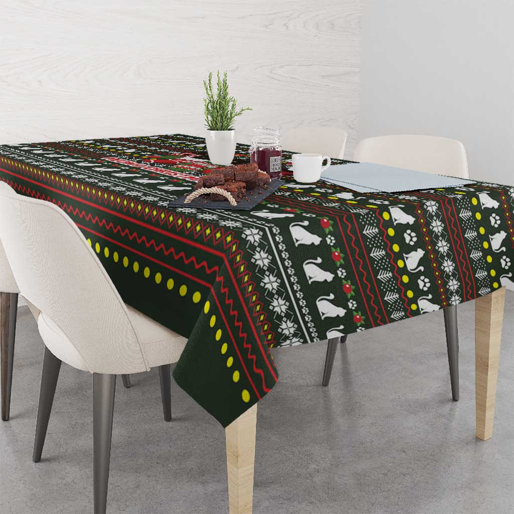 Black Cats in Stockings Tablecloth with Meowy Christmas Quote on Festive Pattern Design - Wonder Print Shop