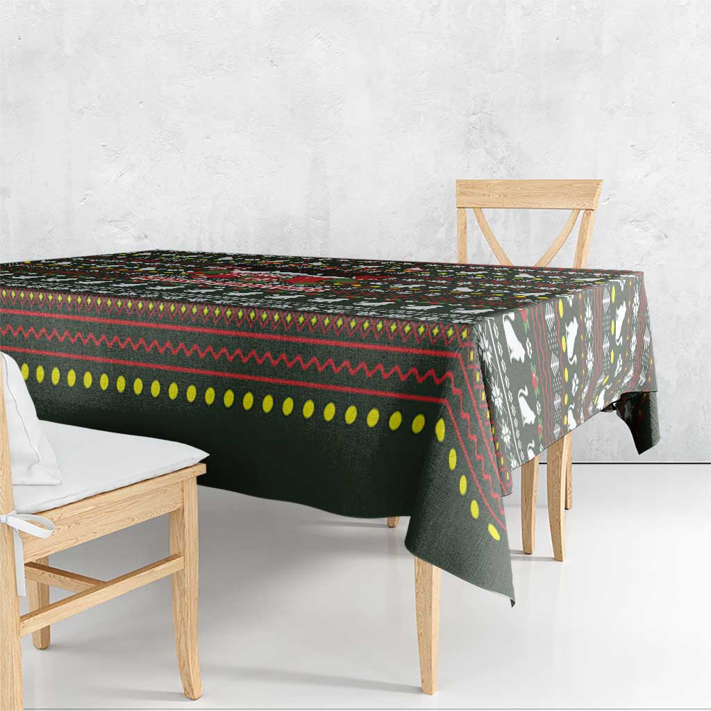 Black Cats in Stockings Tablecloth with Meowy Christmas Quote on Festive Pattern Design - Wonder Print Shop
