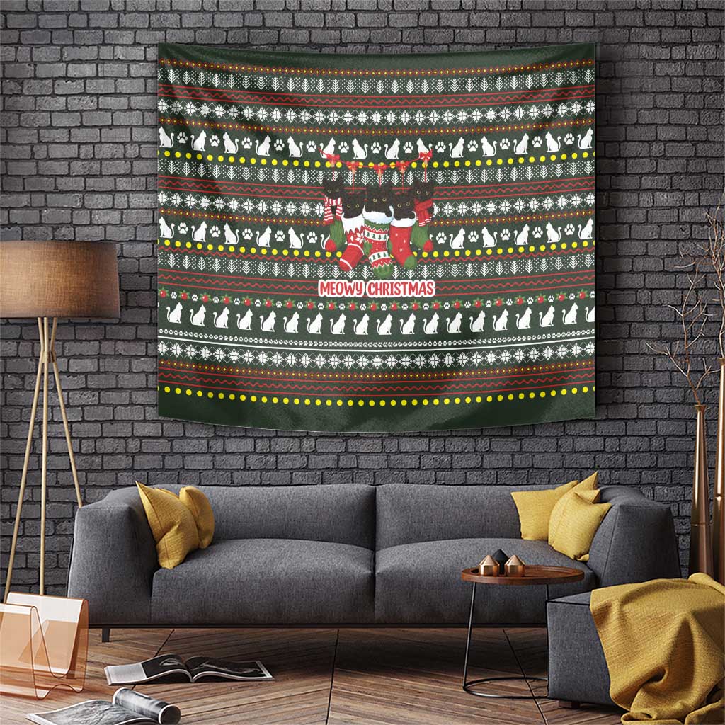 Black Cats in Stockings Tapestry with Meowy Christmas Quote on Festive Pattern Design - Wonder Print Shop