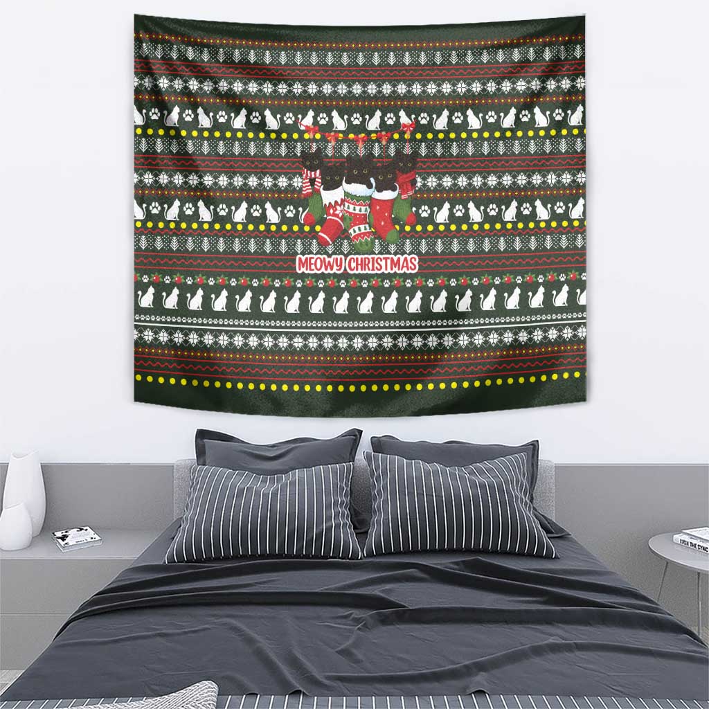 Black Cats in Stockings Tapestry with Meowy Christmas Quote on Festive Pattern Design - Wonder Print Shop