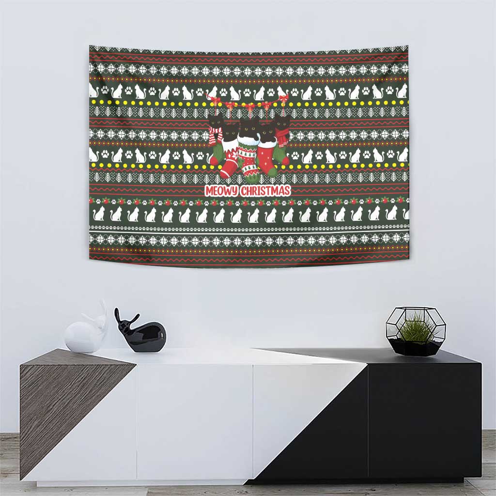 Black Cats in Stockings Tapestry with Meowy Christmas Quote on Festive Pattern Design - Wonder Print Shop