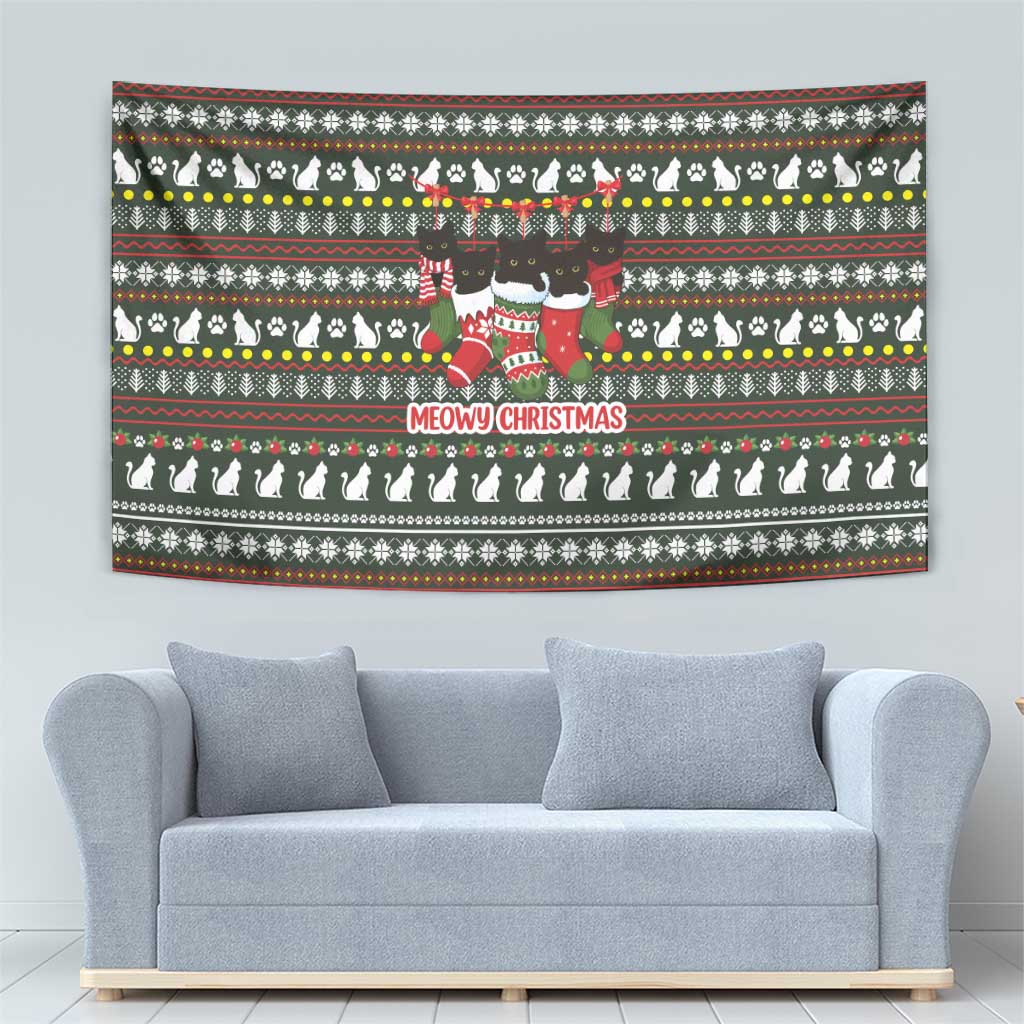 Black Cats in Stockings Tapestry with Meowy Christmas Quote on Festive Pattern Design - Wonder Print Shop