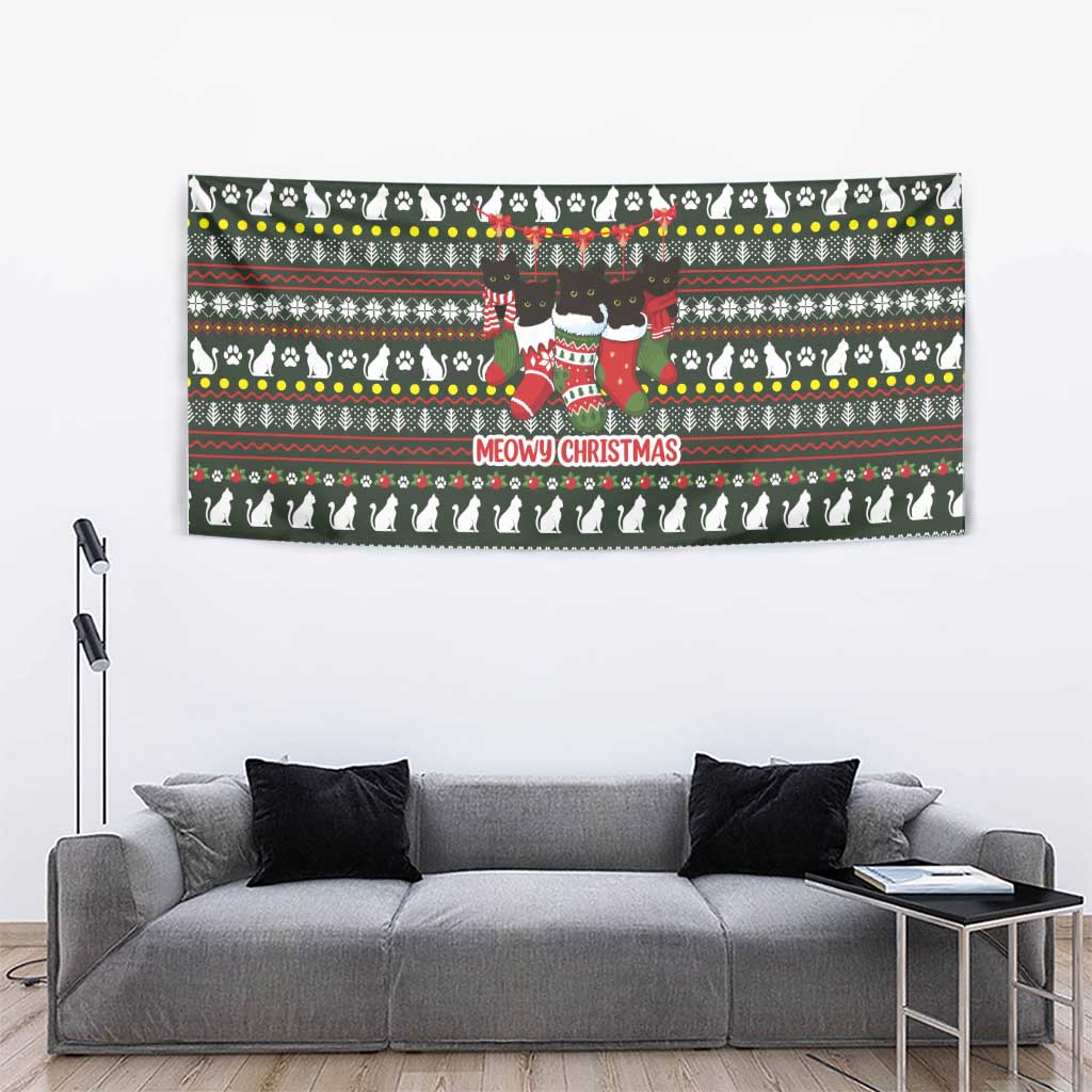 Black Cats in Stockings Tapestry with Meowy Christmas Quote on Festive Pattern Design - Wonder Print Shop