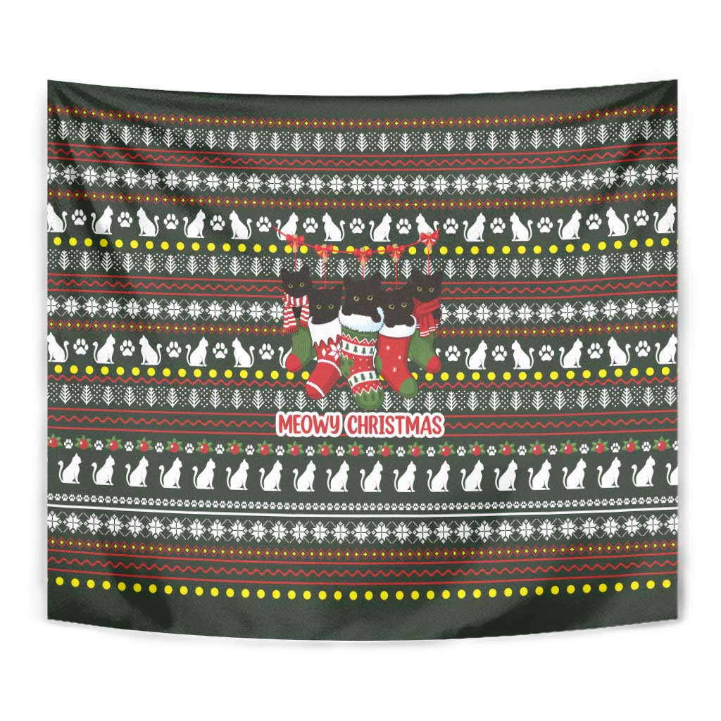 Black Cats in Stockings Tapestry with Meowy Christmas Quote on Festive Pattern Design - Wonder Print Shop