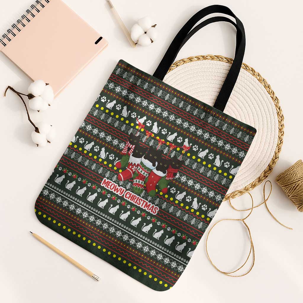 Black Cats in Stockings Tote Bag with Meowy Christmas Quote on Festive Pattern Design - Wonder Print Shop