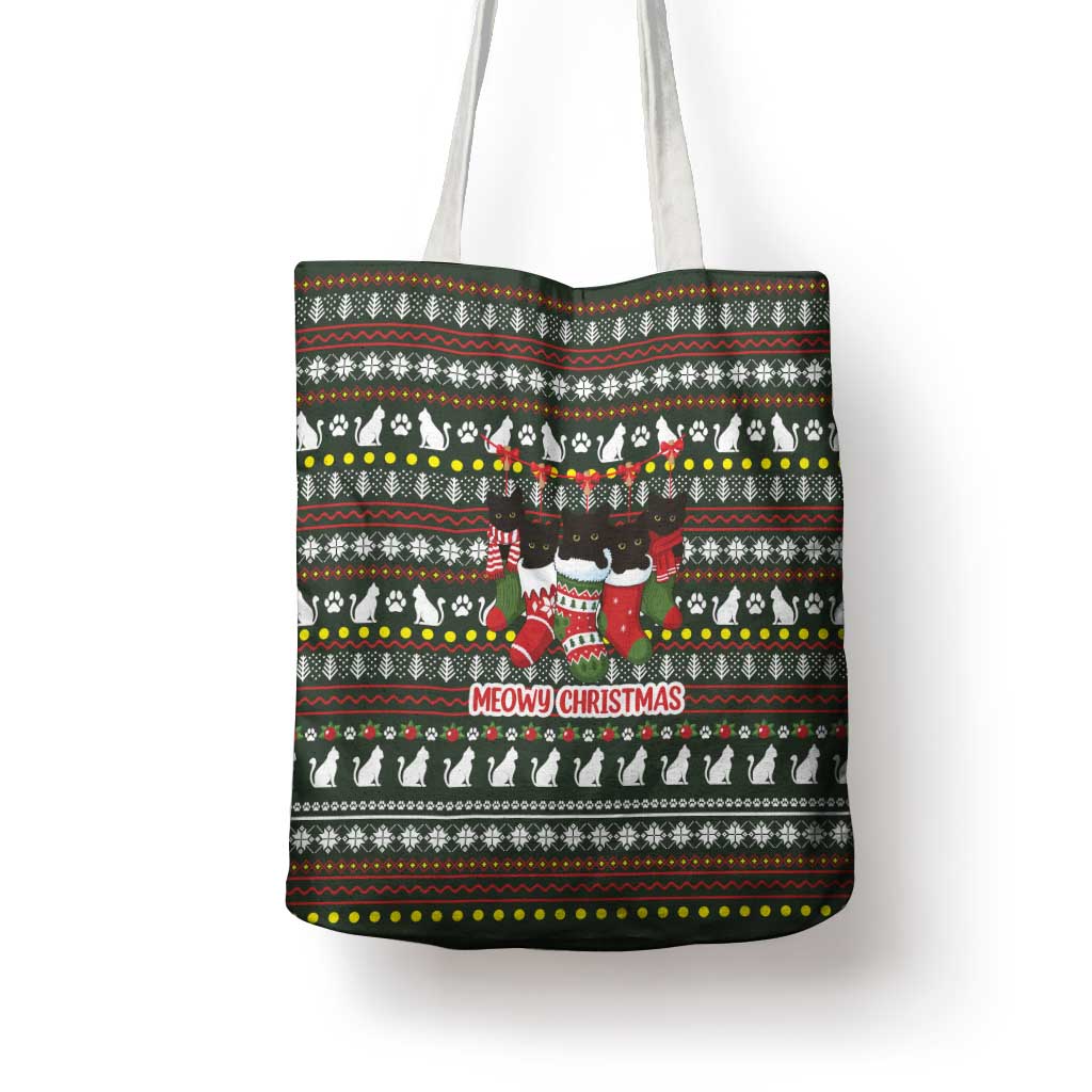 Black Cats in Stockings Tote Bag with Meowy Christmas Quote on Festive Pattern Design - Wonder Print Shop