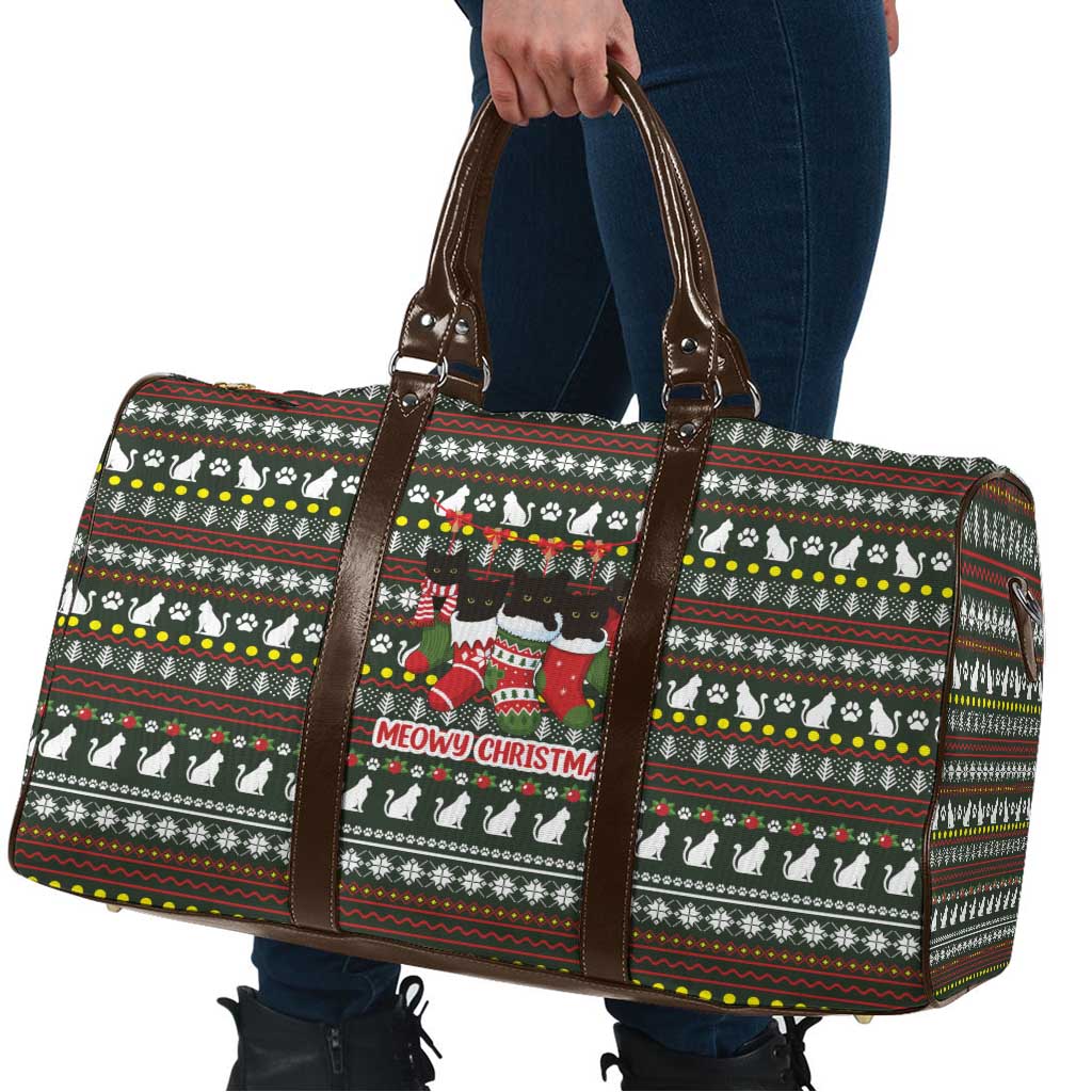 Black Cats in Stockings Travel Bag with Meowy Christmas Quote on Festive Pattern Design - Wonder Print Shop
