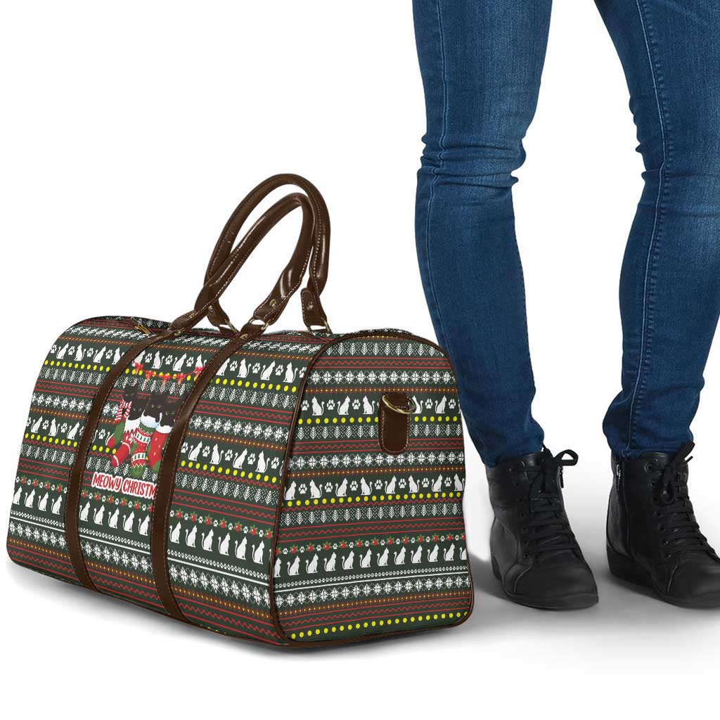 Black Cats in Stockings Travel Bag with Meowy Christmas Quote on Festive Pattern Design - Wonder Print Shop