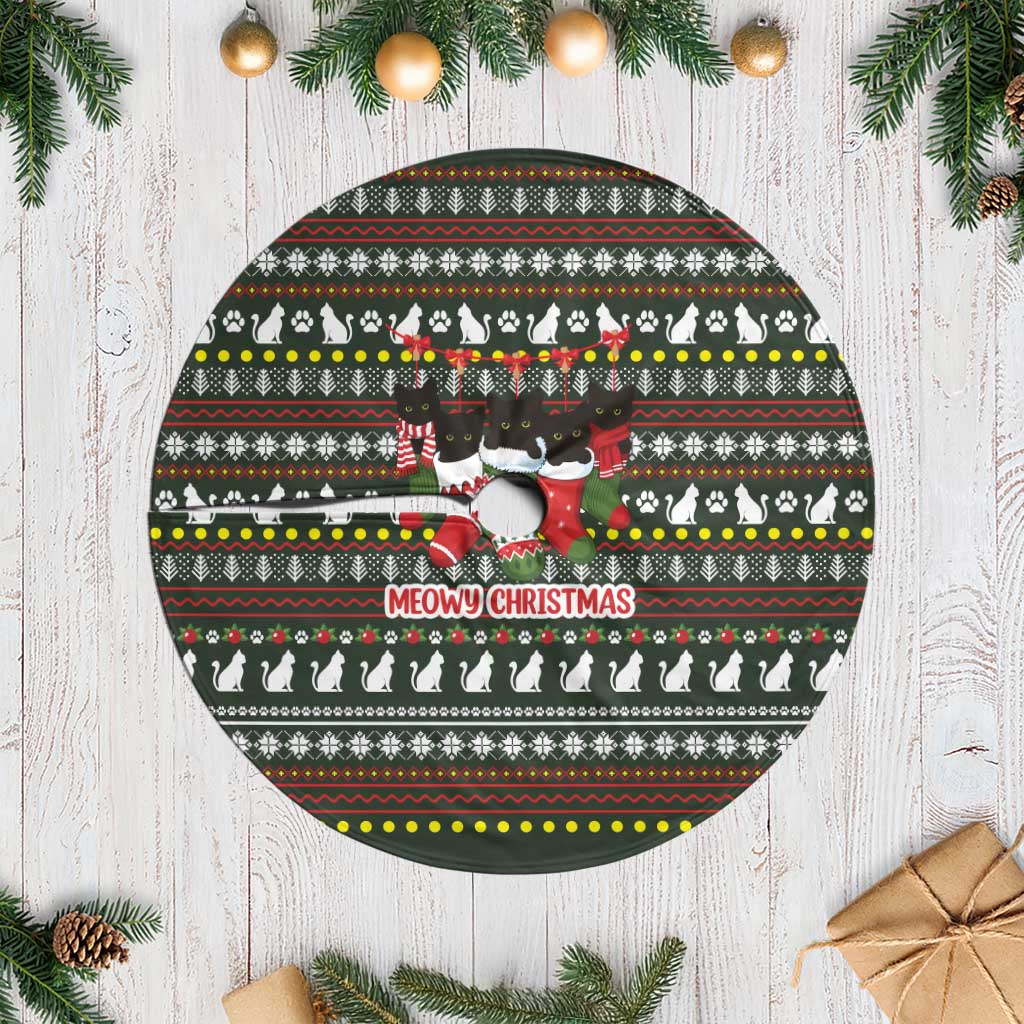 Black Cats in Stockings Tree Skirt with Meowy Christmas Quote on Festive Pattern Design - Wonder Print Shop