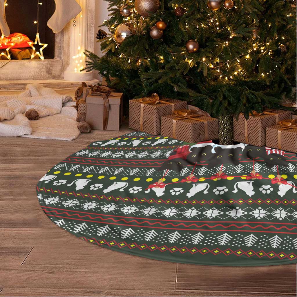 Black Cats in Stockings Tree Skirt with Meowy Christmas Quote on Festive Pattern Design - Wonder Print Shop