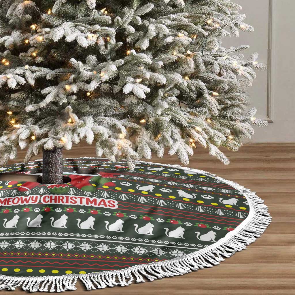 Black Cats in Stockings Tree Skirt with Meowy Christmas Quote on Festive Pattern Design - Wonder Print Shop