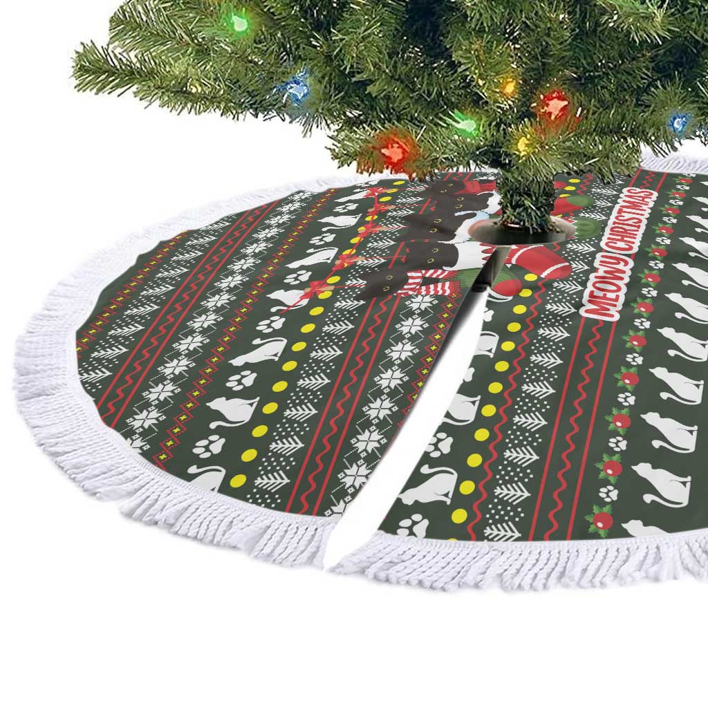 Black Cats in Stockings Tree Skirt with Meowy Christmas Quote on Festive Pattern Design - Wonder Print Shop