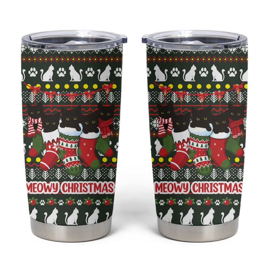 Black Cats in Stockings Tumbler Cup with Meowy Christmas Quote on Festive Pattern Design - Wonder Print Shop
