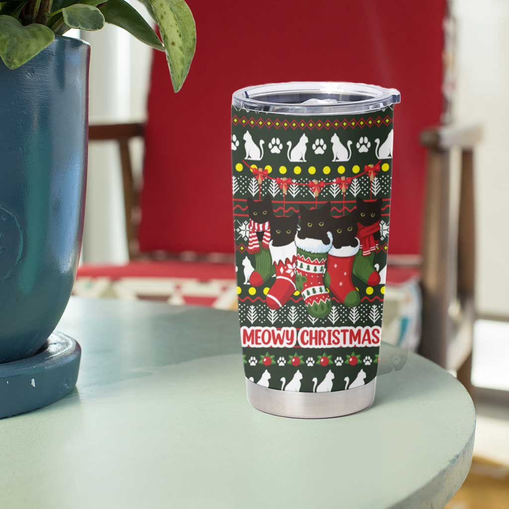 Black Cats in Stockings Tumbler Cup with Meowy Christmas Quote on Festive Pattern Design - Wonder Print Shop