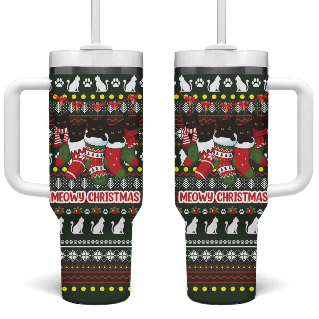 Black Cats in Stockings Tumbler With Handle with Meowy Christmas Quote on Festive Pattern Design - Wonder Print Shop