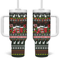 Black Cats in Stockings Tumbler With Handle with Meowy Christmas Quote on Festive Pattern Design - Wonder Print Shop