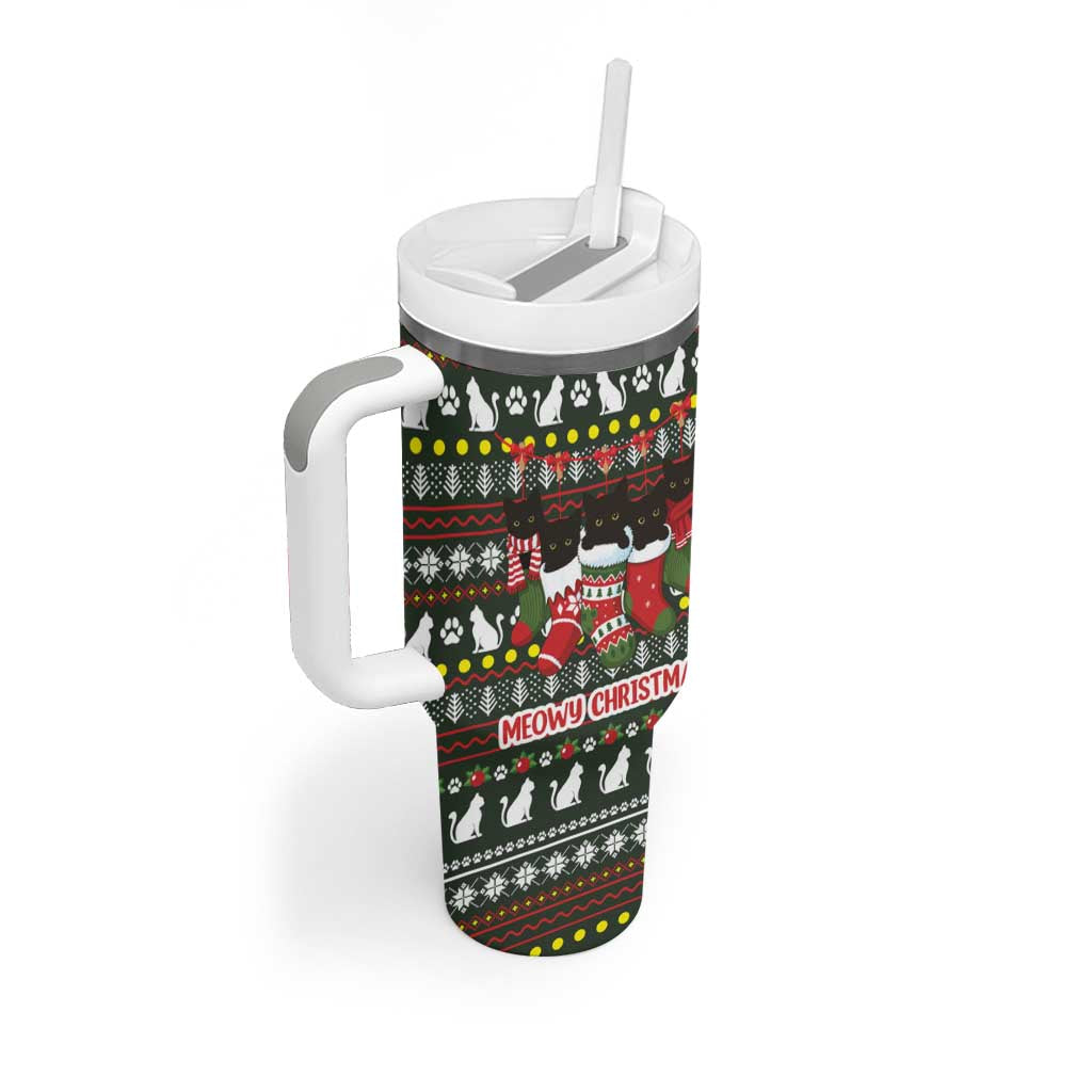Black Cats in Stockings Tumbler With Handle with Meowy Christmas Quote on Festive Pattern Design - Wonder Print Shop