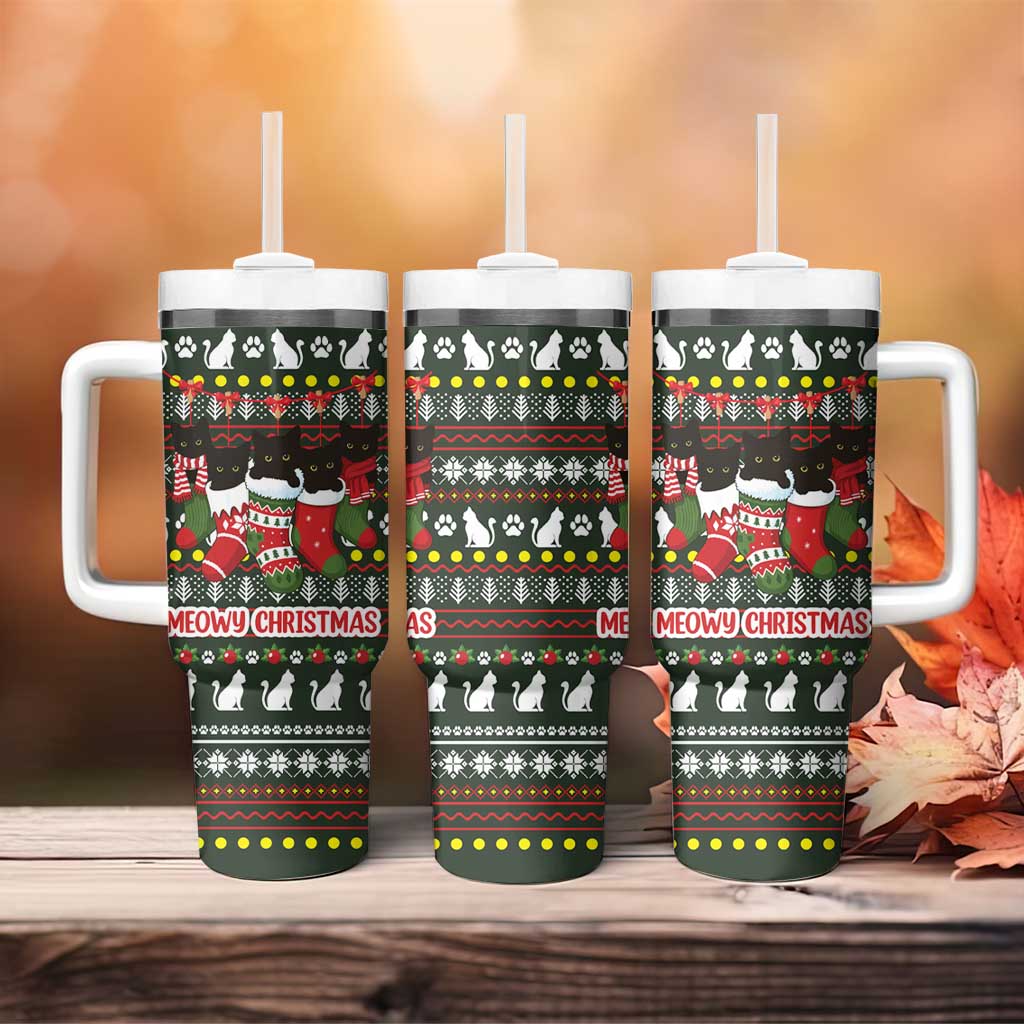 Black Cats in Stockings Tumbler With Handle with Meowy Christmas Quote on Festive Pattern Design - Wonder Print Shop