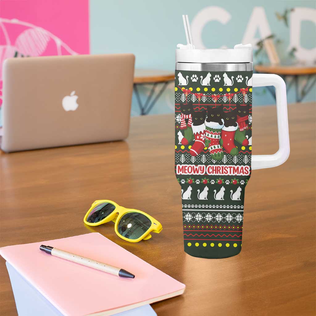Black Cats in Stockings Tumbler With Handle with Meowy Christmas Quote on Festive Pattern Design - Wonder Print Shop