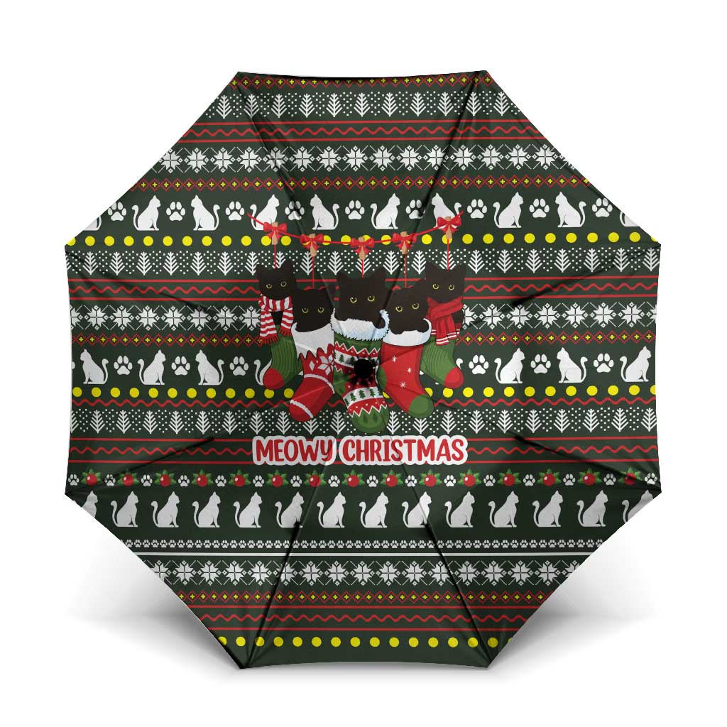 Black Cats in Stockings Umbrella with Meowy Christmas Quote on Festive Pattern Design - Wonder Print Shop