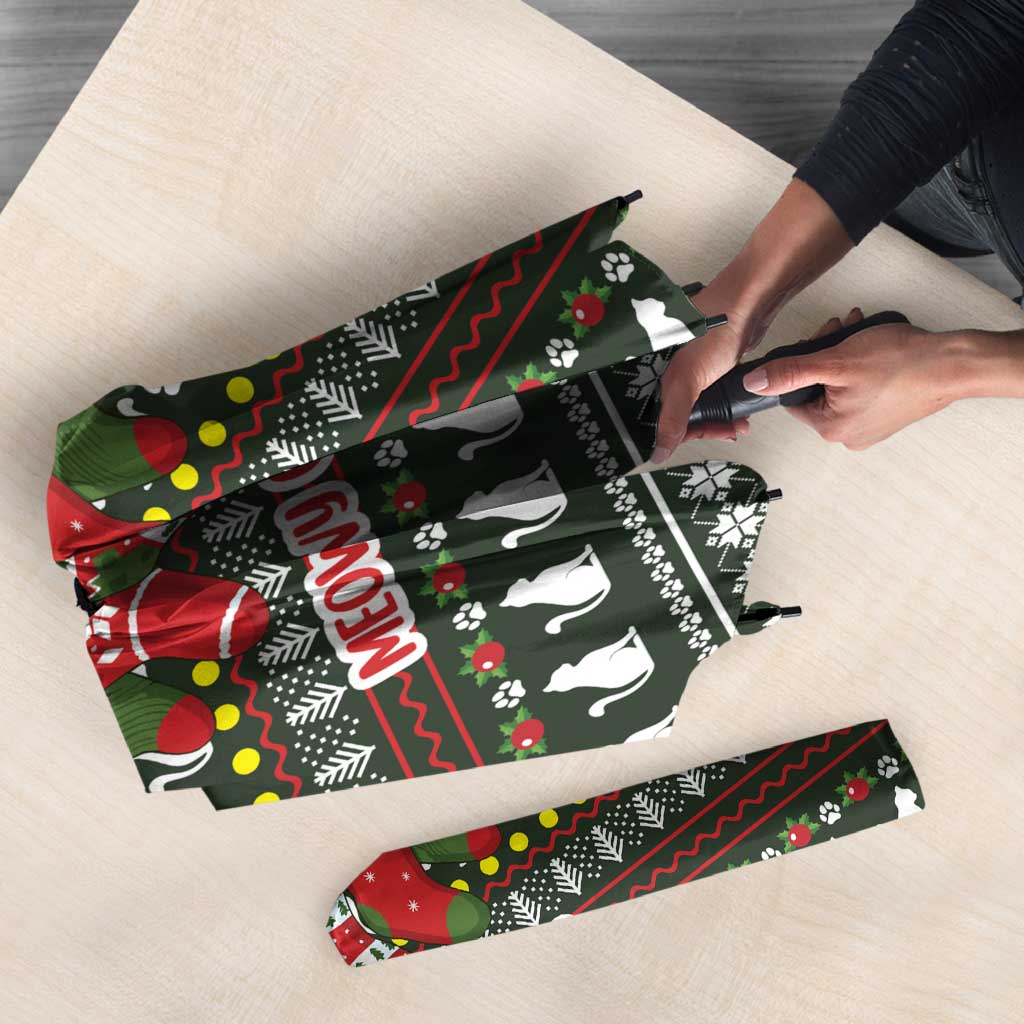 Black Cats in Stockings Umbrella with Meowy Christmas Quote on Festive Pattern Design - Wonder Print Shop