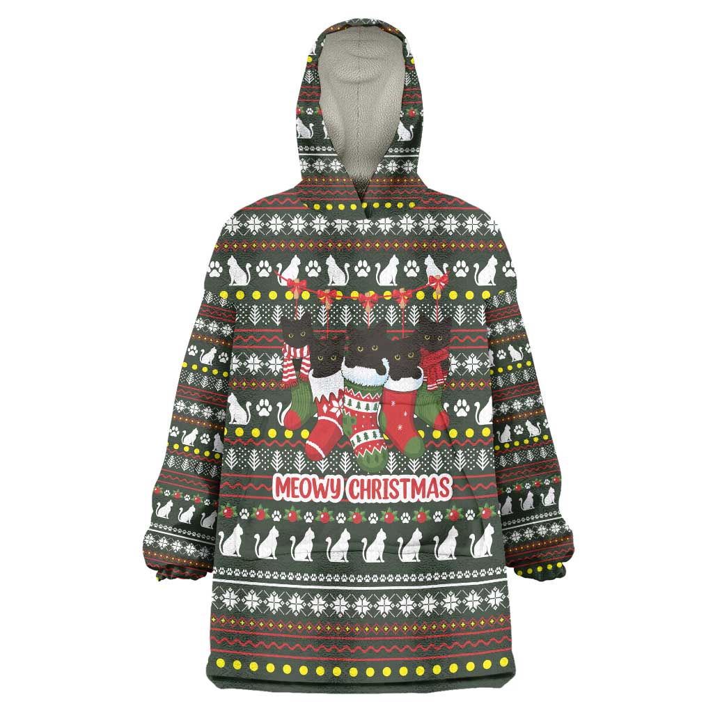 Black Cats in Stockings Wearable Blanket Hoodie with Meowy Christmas Quote on Festive Pattern Design - Wonder Print Shop