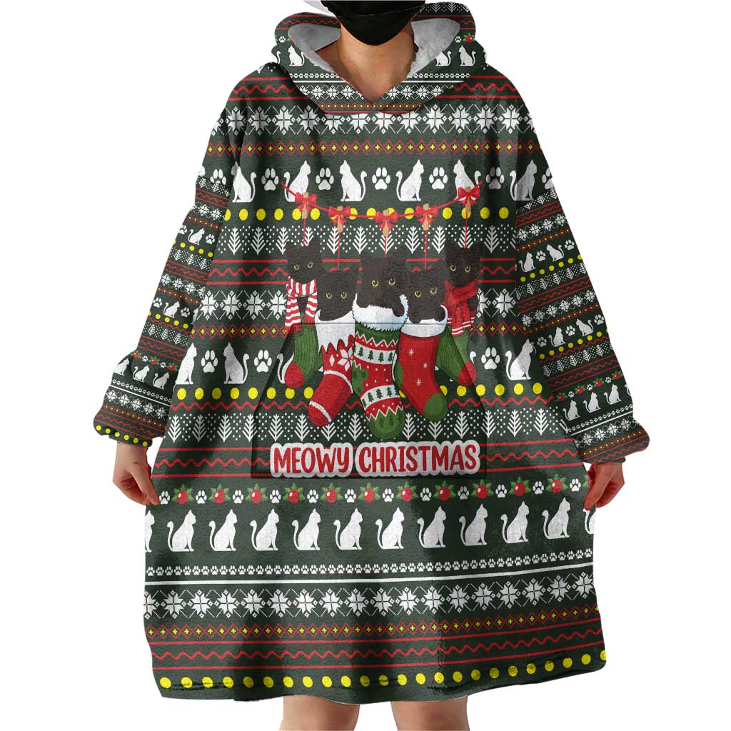 Black Cats in Stockings Wearable Blanket Hoodie with Meowy Christmas Quote on Festive Pattern Design - Wonder Print Shop