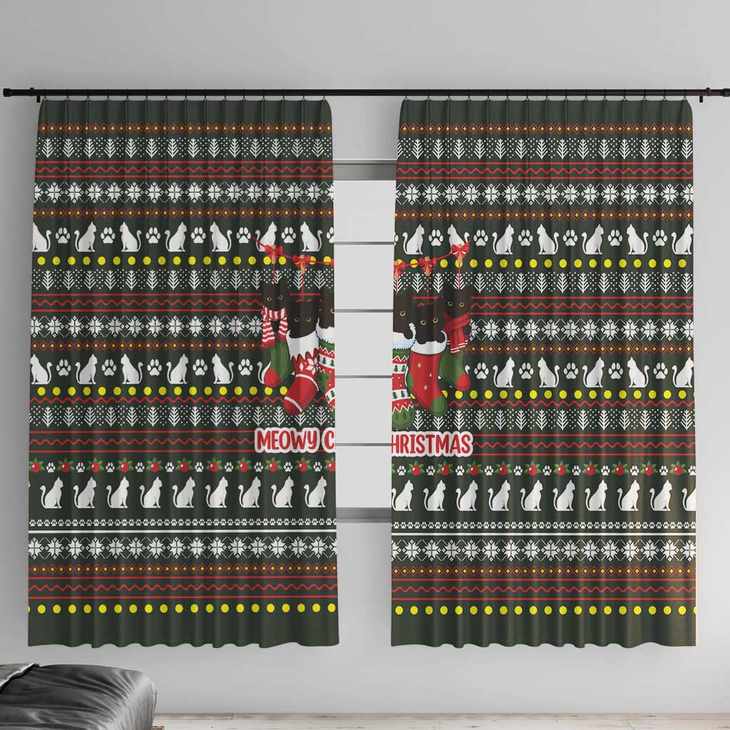 Black Cats in Stockings Window Curtain with Meowy Christmas Quote on Festive Pattern Design - Wonder Print Shop