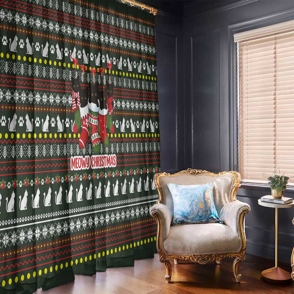 Black Cats in Stockings Window Curtain with Meowy Christmas Quote on Festive Pattern Design - Wonder Print Shop
