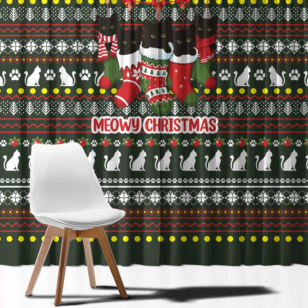 Black Cats in Stockings Window Curtain with Meowy Christmas Quote on Festive Pattern Design - Wonder Print Shop