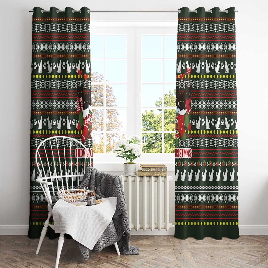 Black Cats in Stockings Window Curtain with Meowy Christmas Quote on Festive Pattern Design - Wonder Print Shop