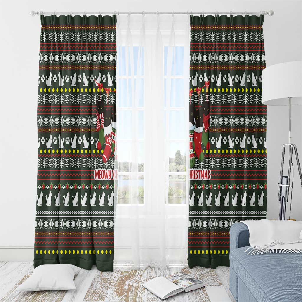 Black Cats in Stockings Window Curtain with Meowy Christmas Quote on Festive Pattern Design - Wonder Print Shop