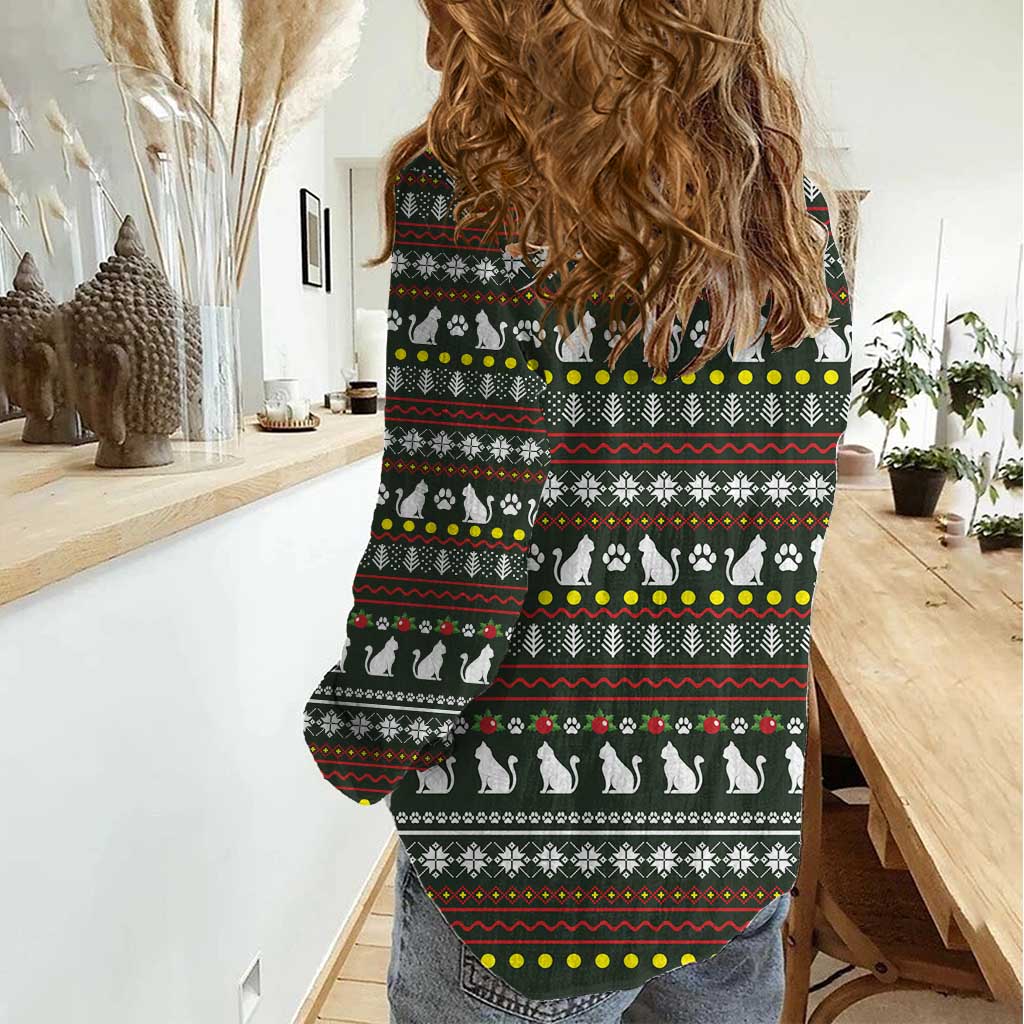 Black Cats in Stockings Women Casual Shirt with Meowy Christmas Quote on Festive Pattern Design - Wonder Print Shop