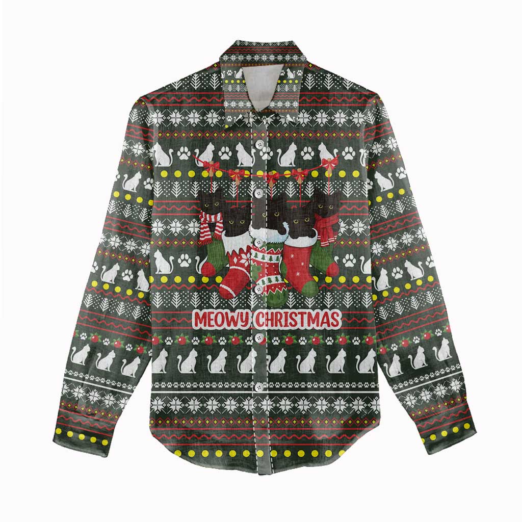 Black Cats in Stockings Women Casual Shirt with Meowy Christmas Quote on Festive Pattern Design - Wonder Print Shop