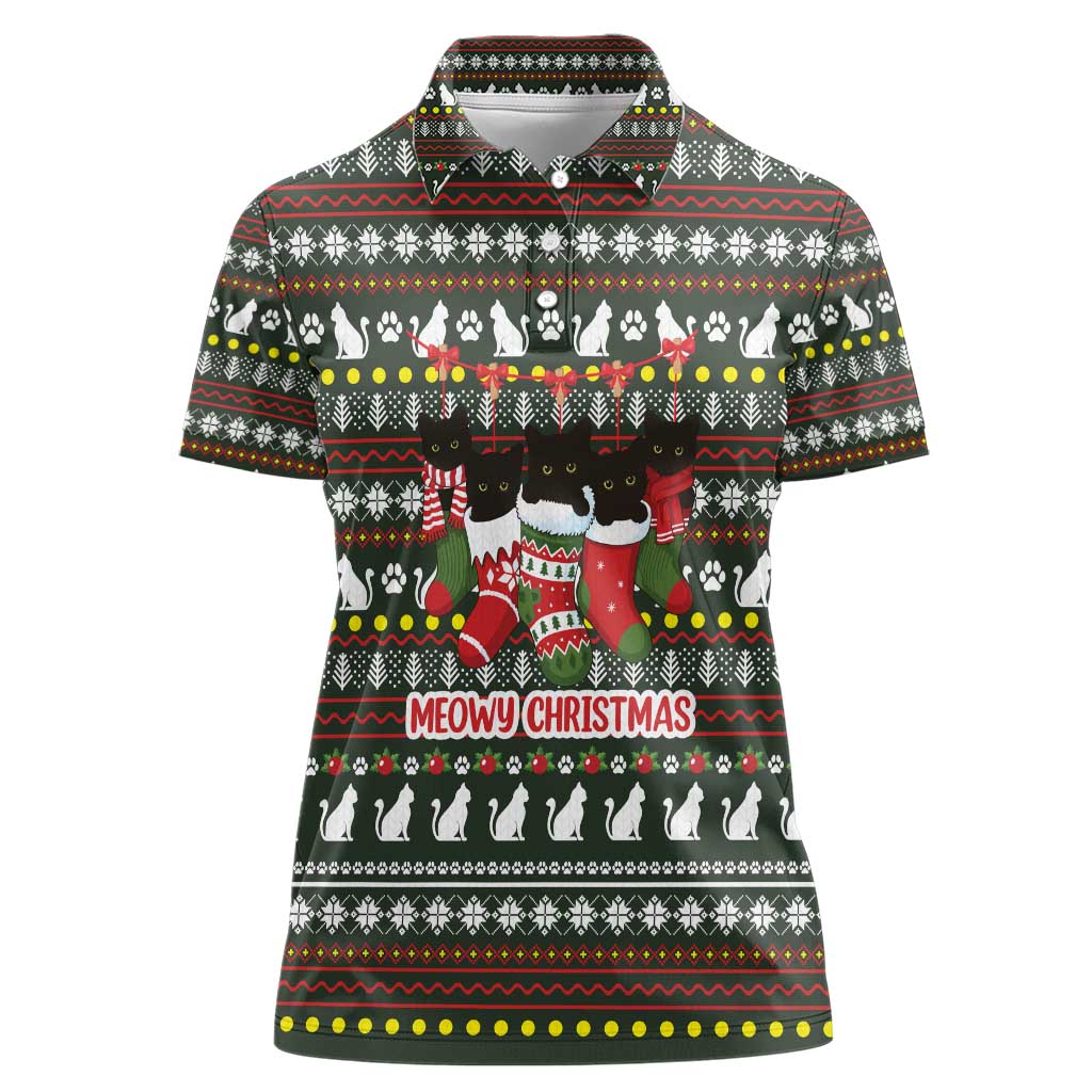 Black Cats in Stockings Women Polo Shirt with Meowy Christmas Quote on Festive Pattern Design - Wonder Print Shop