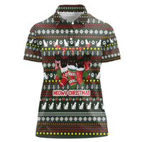 Black Cats in Stockings Women Polo Shirt with Meowy Christmas Quote on Festive Pattern Design - Wonder Print Shop