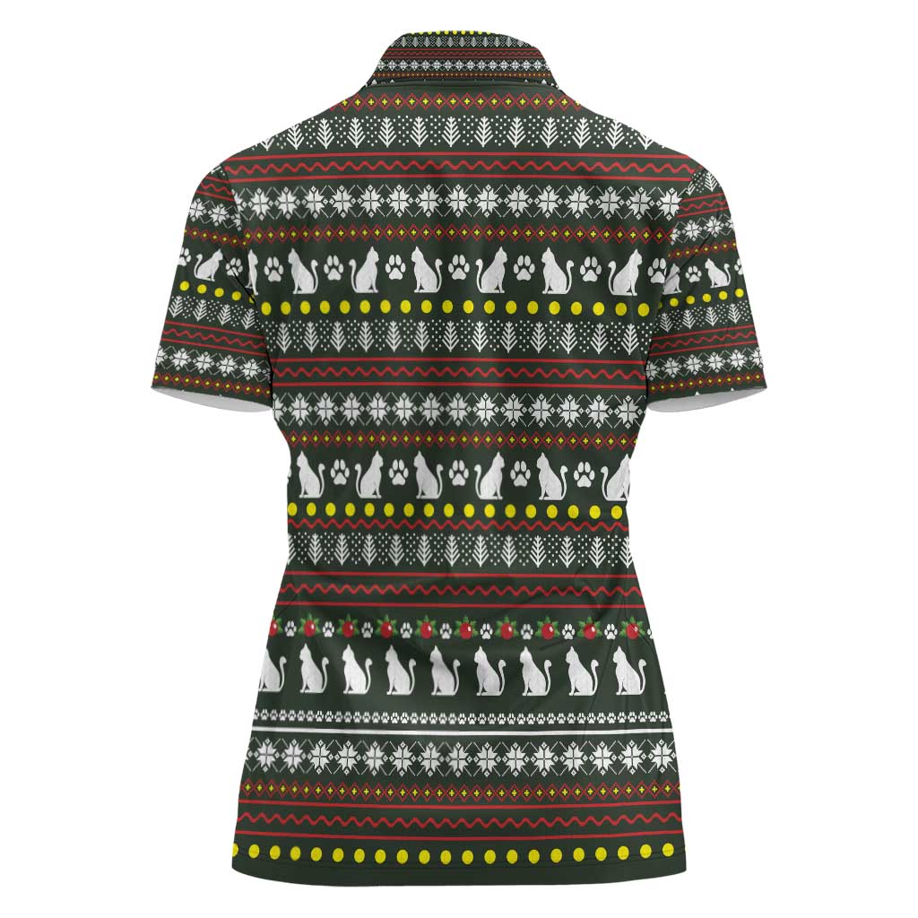 Black Cats in Stockings Women Polo Shirt with Meowy Christmas Quote on Festive Pattern Design - Wonder Print Shop