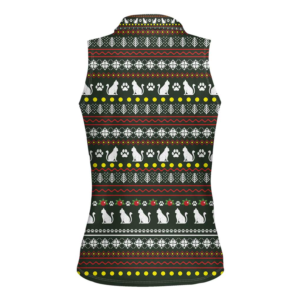 Black Cats in Stockings Women Sleeveless Polo Shirt with Meowy Christmas Quote on Festive Pattern Design - Wonder Print Shop
