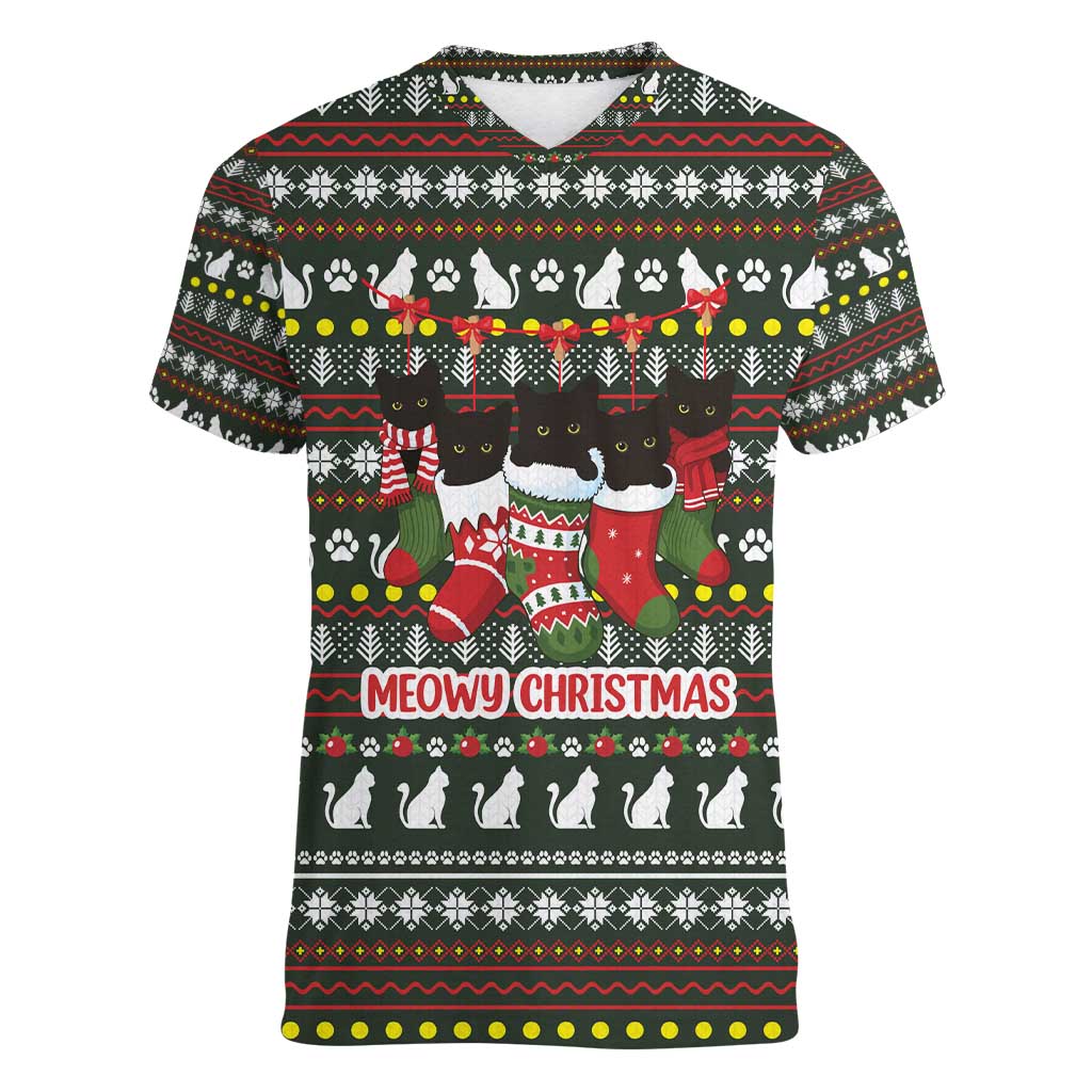 Black Cats in Stockings Women V-Neck T-Shirt with Meowy Christmas Quote on Festive Pattern Design - Wonder Print Shop