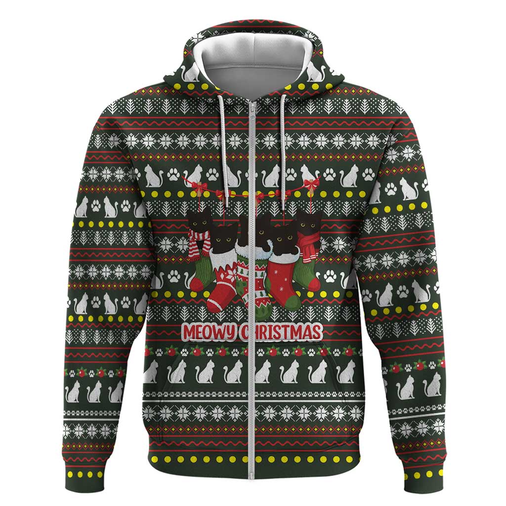 Black Cats in Stockings Zip Hoodie with Meowy Christmas Quote on Festive Pattern Design - Wonder Print Shop