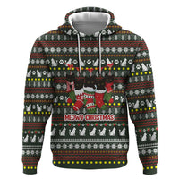 Black Cats in Stockings Zip Hoodie with Meowy Christmas Quote on Festive Pattern Design - Wonder Print Shop