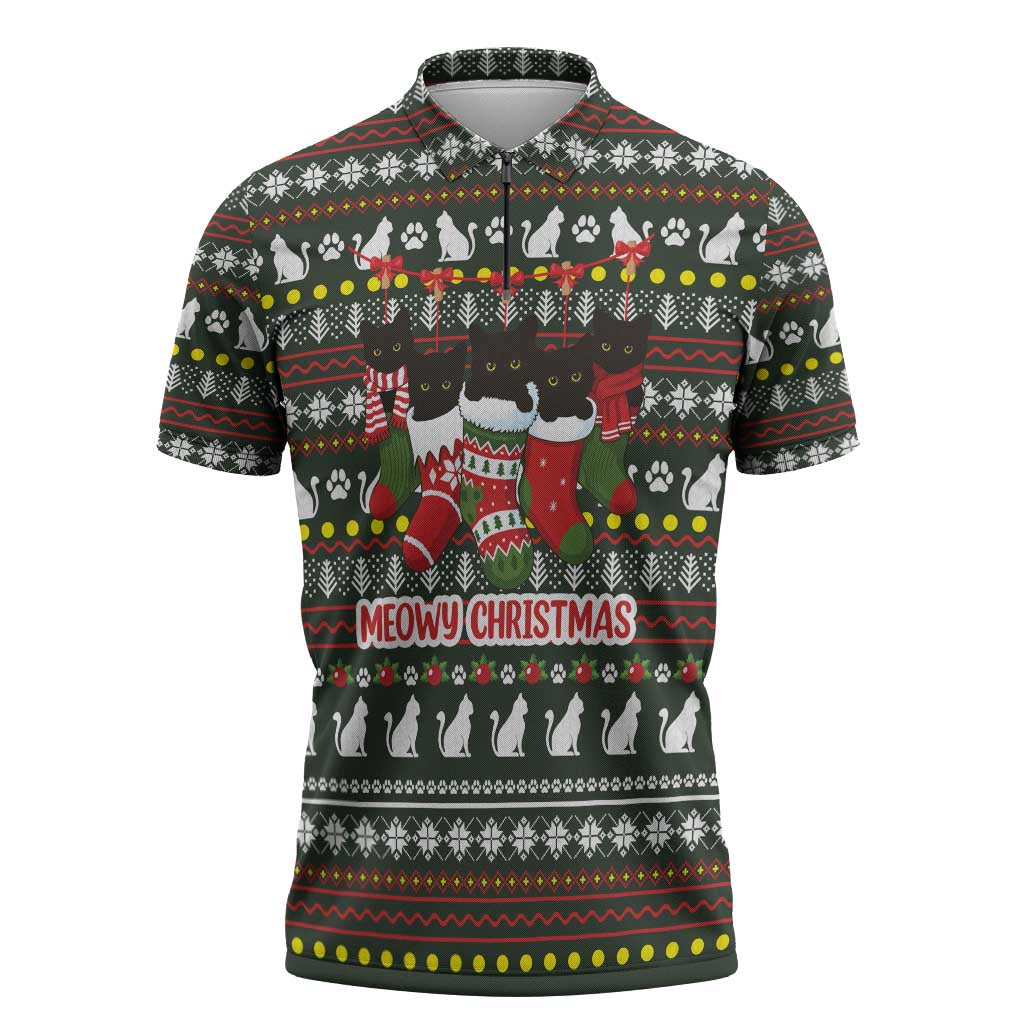 Black Cats in Stockings Zipper Polo Shirt with Meowy Christmas Quote on Festive Pattern Design - Wonder Print Shop