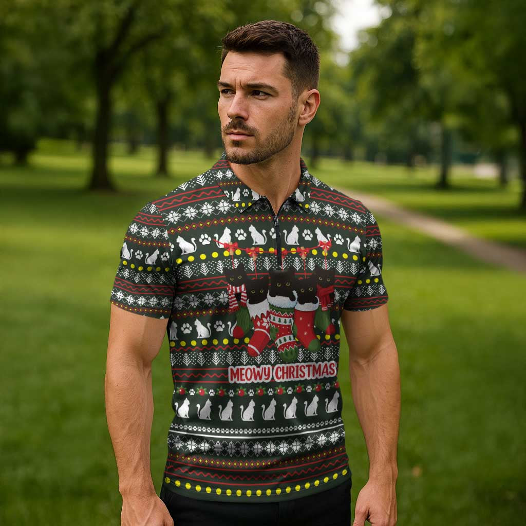 Black Cats in Stockings Zipper Polo Shirt with Meowy Christmas Quote on Festive Pattern Design - Wonder Print Shop