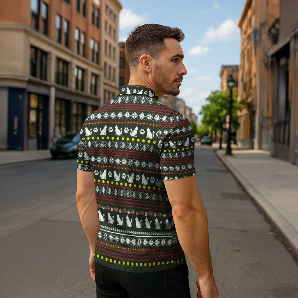 Black Cats in Stockings Zipper Polo Shirt with Meowy Christmas Quote on Festive Pattern Design - Wonder Print Shop