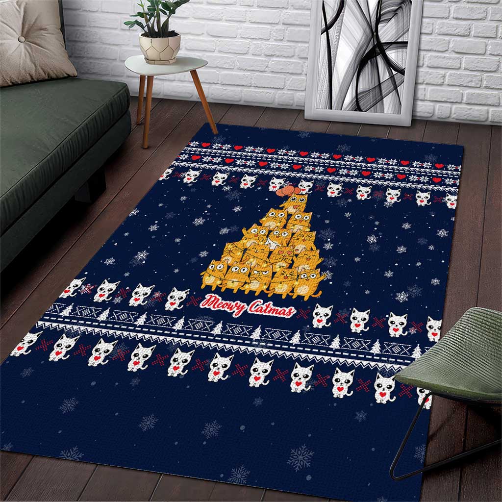 Meowy Catmas Area Rug with Orange Cats Christmas Tree and Snowflake Pattern Design - Wonder Print Shop