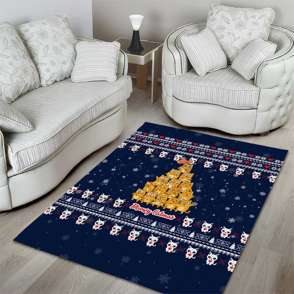 Meowy Catmas Area Rug with Orange Cats Christmas Tree and Snowflake Pattern Design - Wonder Print Shop