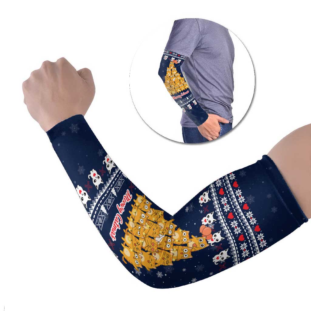 Meowy Catmas Arm Sleeves with Orange Cats Christmas Tree and Snowflake Pattern Design - Wonder Print Shop